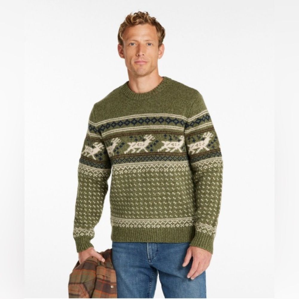 L.L.Bean Men's Classic Ragg Wool Crew Sweater Fair Isle Mountain Spruce pattern